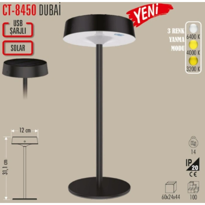 CATA Solar Şarjlı Ledli DUBAİ Masa Lambası 3 Renk Işık Abajur