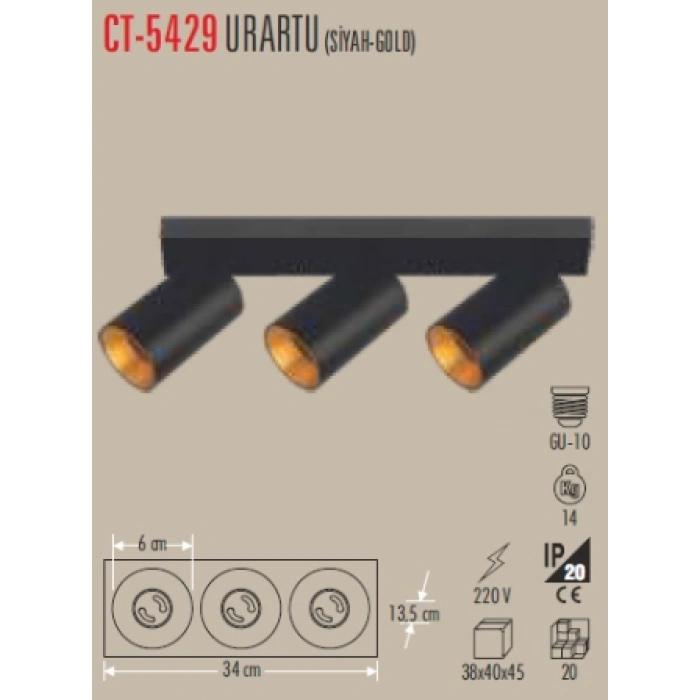 CATA Urartu Siyah 3Lü Sıva Üstü Hareketli Dekoratif Armatür 3xGU-10 (Ampulsüz)