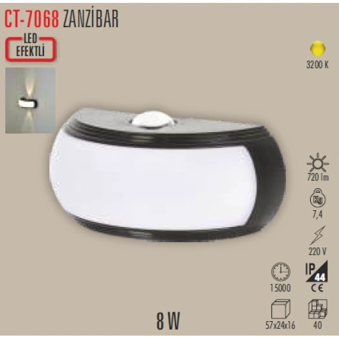 CATA Zanzibar Led Duvar Aplik 8w 3200K Günışığı IP54 Çift Taraflı Led Efektli