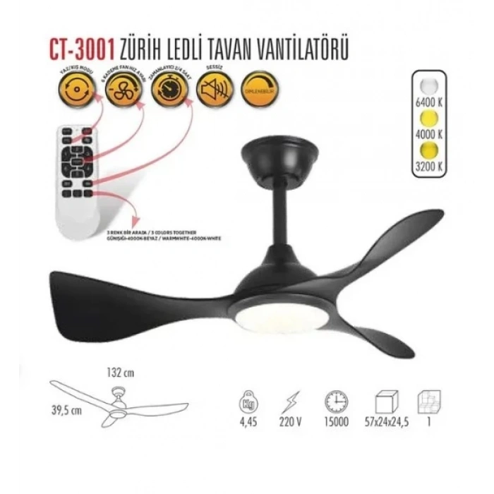 CATA Zürih Ledli Tavan Vantilatörü 40w Aydınlatma 70w Fan Kumandalı Dekoratif 3 Kanat