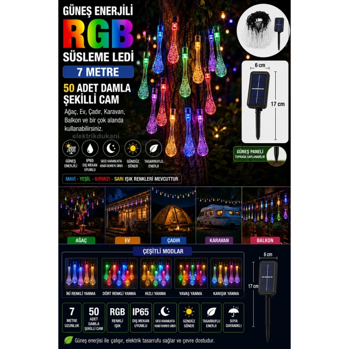 DAMLA Şekilli Solar Güneş Enerjili RGB 7mt Dış Mekan 50li Şeffaf Cam Süsleme Ledli IP65 (Karışık Renkli)