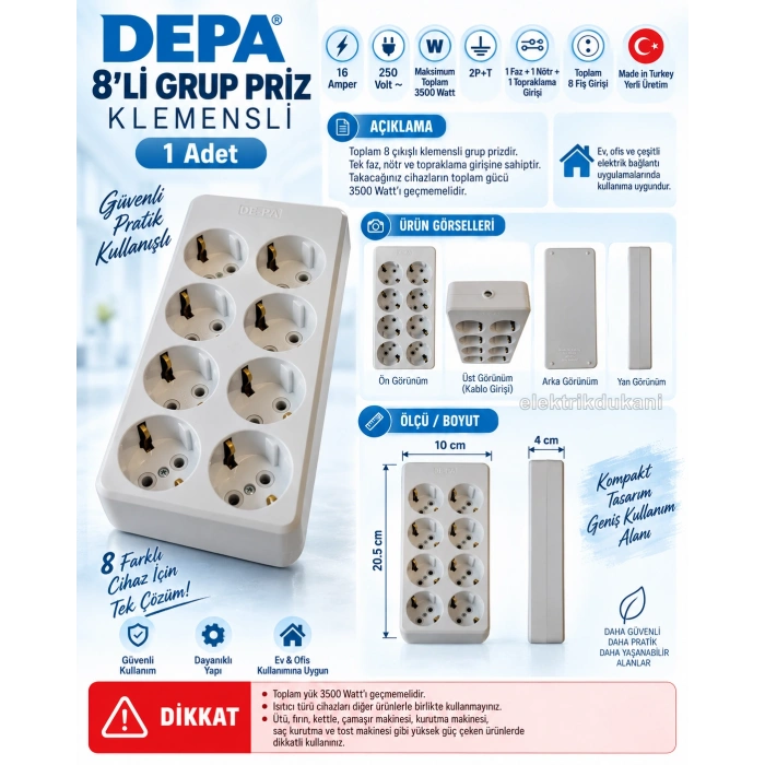 DEPA 8li Seyyar Topraklı Grup Priz Kablosuz Beyaz