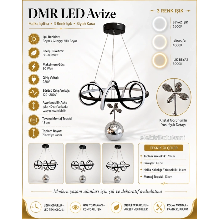 DMR Tek Toplu HALKA IŞILTISI Sarkıt Led Avize SİYAH Kasa Üç Renk 6500k/4000k/3000k (Beyaz /Sarı/Ilık Beyaz (Günışığı))