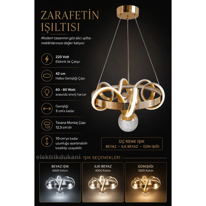 DMR 1 Toplu SARMAŞIK Sarkıt Led Avize ALTIN (Gold) Geniş Şerit Kasa Üç Renk 6500k/4000k/3000k (Beyaz /Ilık Beyaz/Sarı (Günışığı))