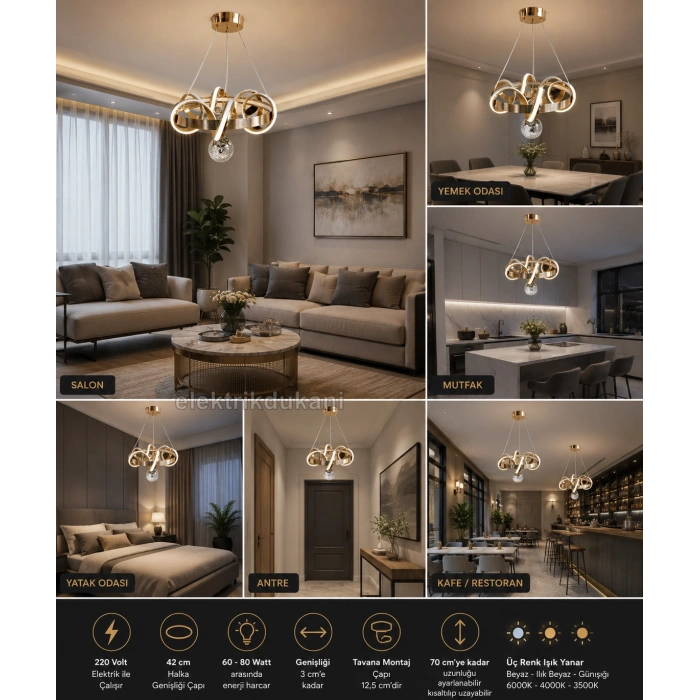 DMR 1 Toplu SARMAŞIK Sarkıt Led Avize ALTIN (Gold) Geniş Şerit Kasa Üç Renk 6500k/4000k/3000k (Beyaz /Ilık Beyaz/Sarı (Günışığı))