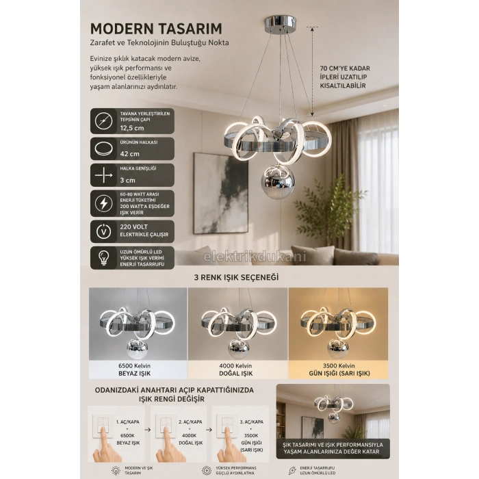 DMR 1 Toplu SARMAŞIK Sarkıt Led Avize KROM Geniş Şerit Kasa Üç Renk 6500k/4000k/3000k (Beyaz /Ilık Beyaz/Sarı (Günışığı))