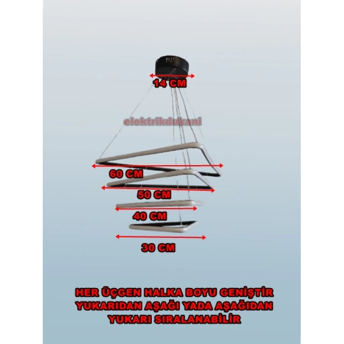 DMR 4 Katlı Üçgen Sarkıt Led Avize SİYAH Kasa Üç Renk 6500k/4000k/3000k (Beyaz /Ilık Beyaz/Sarı (Günışığı))