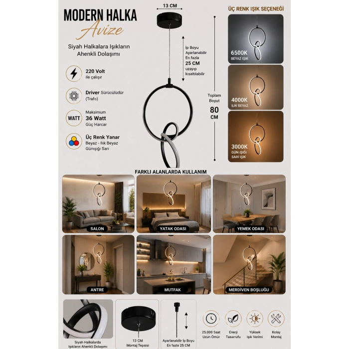 DMR Ahenk Halka Sarkıt Led Avize SİYAH Kasa Üç Renk 6500k/4000k/3000k (Beyaz /Ilık Beyaz/Sarı (Günışığı)