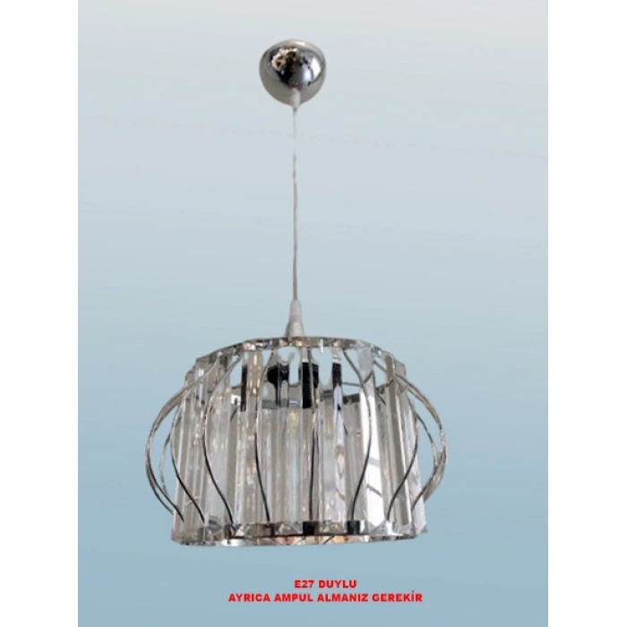 DMR Kristal Taşlı KROM Yuvarlak Büyük Fiskiye Tekli Avize E-27 Duylu