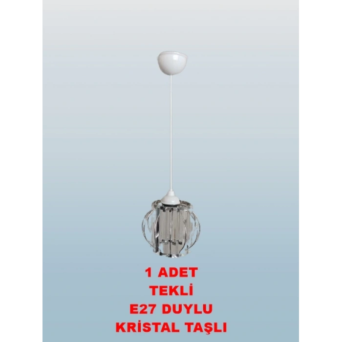 DMR Kristal Taşlı Yuvarlak KROM Küçük Fiskiye Tekli Avize E-27