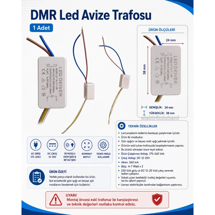 DMR Led Avize Trafosu DC 12-25v 4-7w X 2 İki Modlu