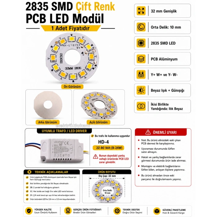 DMR Ledli Avizeler İçin 32mm Yuvarlak PCB Alüminyum Levha Üzerine Dizgi SMD Led 4 Kablolu 2 Renk Günışığı + Beyaz 3000/6500K