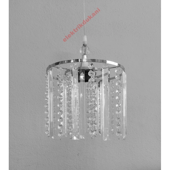 DMR Saçak Kristal Taşlı KROM Yuvarlak Tekli Avize E-27 Duylu