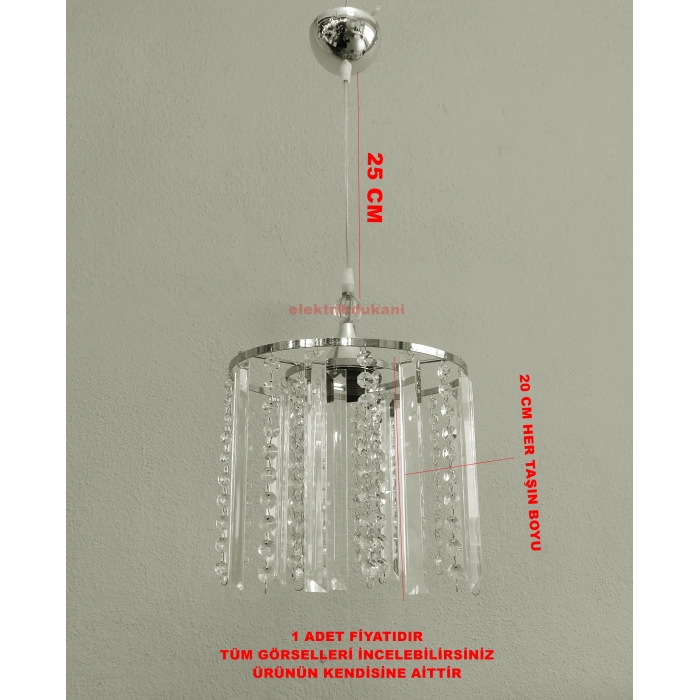 DMR Saçak Kristal Taşlı KROM Yuvarlak Tekli Avize E-27 Duylu