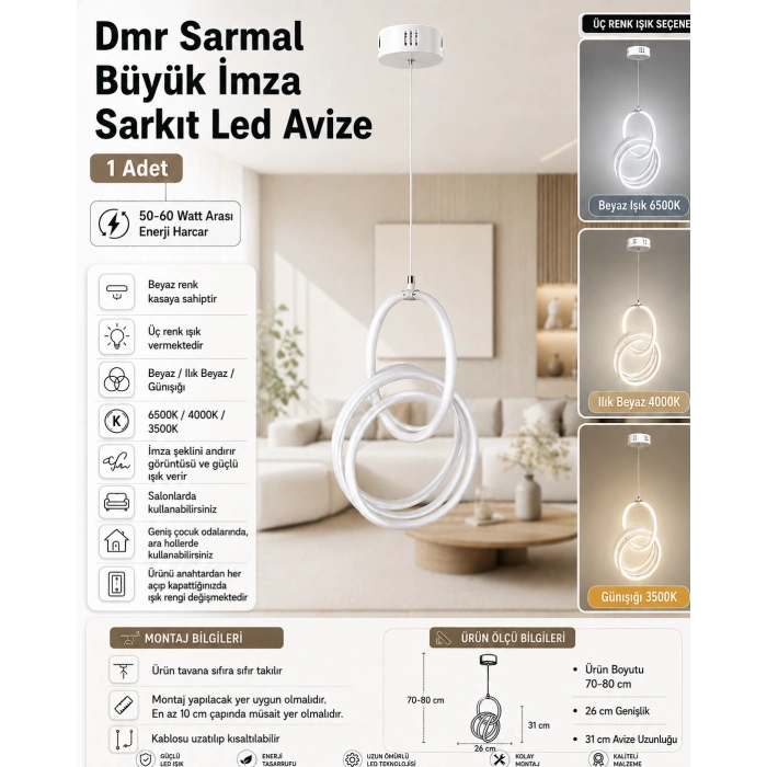 DMR Sarmal Büyük İmza Sarkıt Led Avize BEYAZ Kasa 50w 220 Volt Üç Renk 6500k/4000k/3000k (Beyaz /Ilık Beyaz/Sarı (Günışığı)