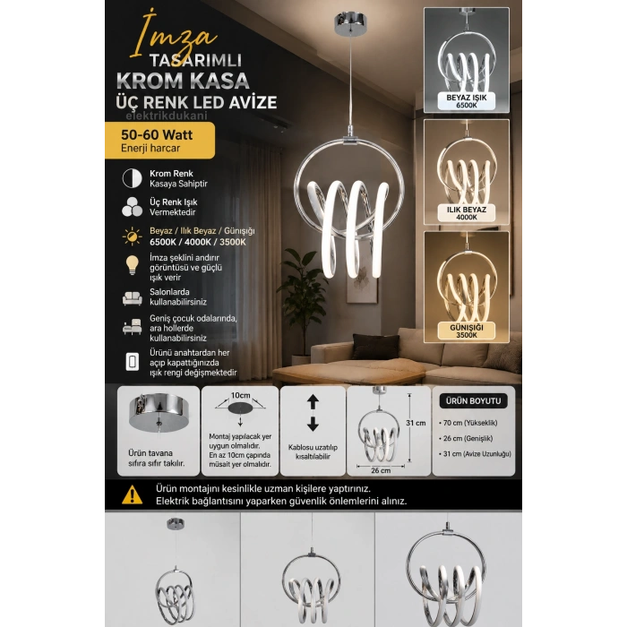 DMR Sarmal Büyük İmza Sarkıt Led Avize KROM Kasa 50w 220 Volt Üç Renk 6500k/4000k/3000k (Beyaz /Ilık Beyaz/Sarı (Günışığı)