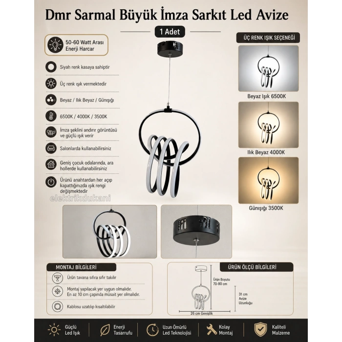 DMR Sarmal Büyük İmza Sarkıt Led Avize SİYAH Kasa 50w 220 Volt Üç Renk 6500k/4000k/3000k (Beyaz /Ilık Beyaz/Sarı (Günışığı)