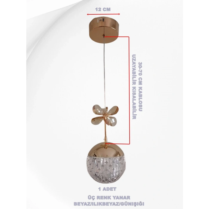 DMR Tekli Taşlı Top Sarkıt Led Avize GOLD /ALTIN Kasa Üç Renk 6500k/4000k/3000k (Beyaz/ Ilık Beyaz/Sarı (Günışığı)