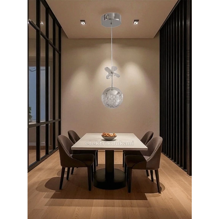 DMR Tekli Taşlı Top Sarkıt Led Avize KROM Kasa Üç Renk 6500k/4000k/3000k (Beyaz/ Ilık Beyaz/Sarı (Günışığı)