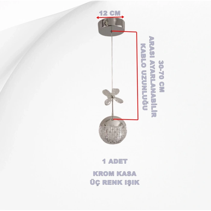 DMR Tekli Taşlı Top Sarkıt Led Avize KROM Kasa Üç Renk 6500k/4000k/3000k (Beyaz/ Ilık Beyaz/Sarı (Günışığı)