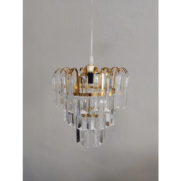 DMR Üç Katlı Fiskiyeli Düz Kristal Taşlı ALTIN (Gold) Yuvarlak Tekli Avize E-27 Duylu