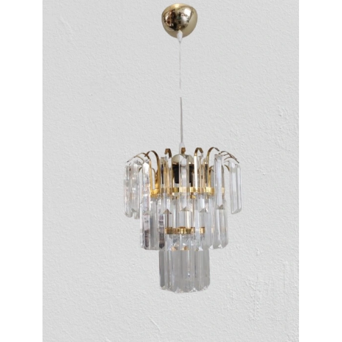 DMR Üç Katlı Fiskiyeli Düz Kristal Taşlı ALTIN (Gold) Yuvarlak Tekli Avize E-27 Duylu