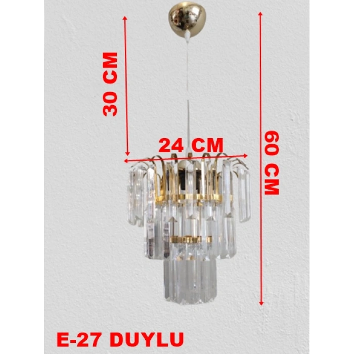 DMR Üç Katlı Fiskiyeli Düz Kristal Taşlı ALTIN (Gold) Yuvarlak Tekli Avize E-27 Duylu