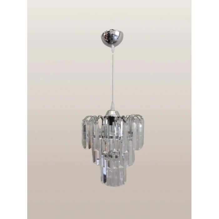 DMR Üç Katlı Fiskiyeli Düz Kristal Taşlı KROM Yuvarlak Tekli Avize E-27 Duylu