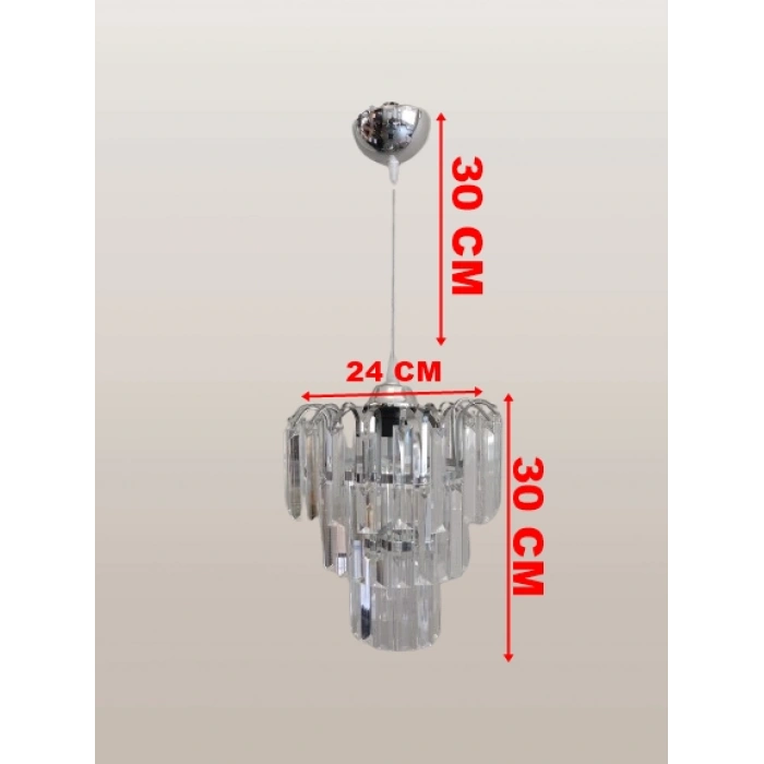 DMR Üç Katlı Fiskiyeli Düz Kristal Taşlı KROM Yuvarlak Tekli Avize E-27 Duylu