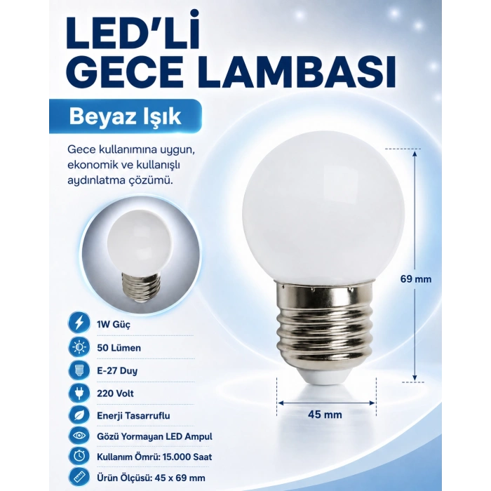 E-27 Duylu 1w BEYAZ Ledli Gece Lambası Ampulu 1 Watt 220 Volt