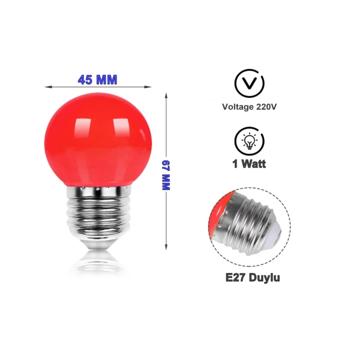 E-27 Duylu 1w KIRMIZI Ledli Gece Lambası Ampulu 1 Watt 220 Volt