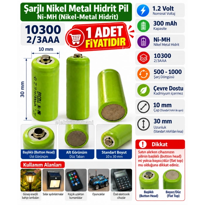 EFCELL 10300 1.2v Başlı Şarjlı Pil L2/3AAA 300mAh Ni-MH (Nikel-Metal hidrit pil)