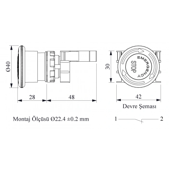 EMAS Acil Stop Mantar Buton 40mm Kırmızı 1nk Etiketli Emergency
