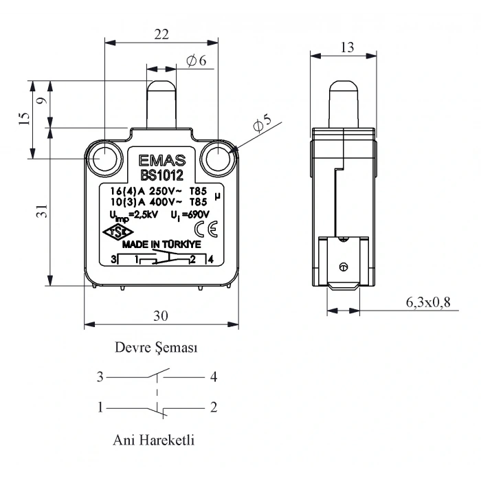 EMAS BUTON SİVİÇ 1 NA + 1NK ANİ HAREKETLİ