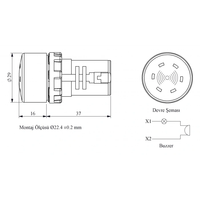 EMAS LEDLİ KIRMIZI BAZIR 220V AC/DC SİREN BUZZER 22MM