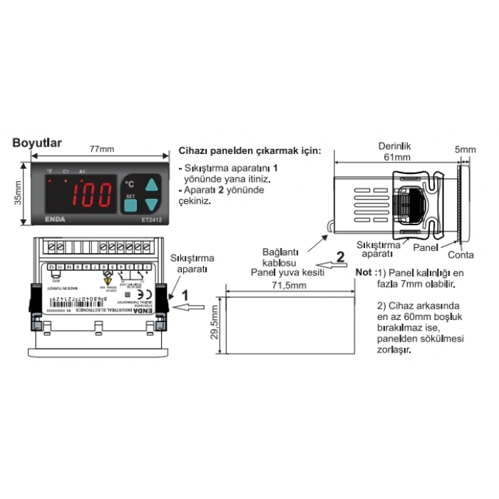 ENDA -60...+150 Derece Dijital Termostad 1No-1Nc Kontaklı 220 Volt (NTC Prop Uyumu Prop Dahil Değil)