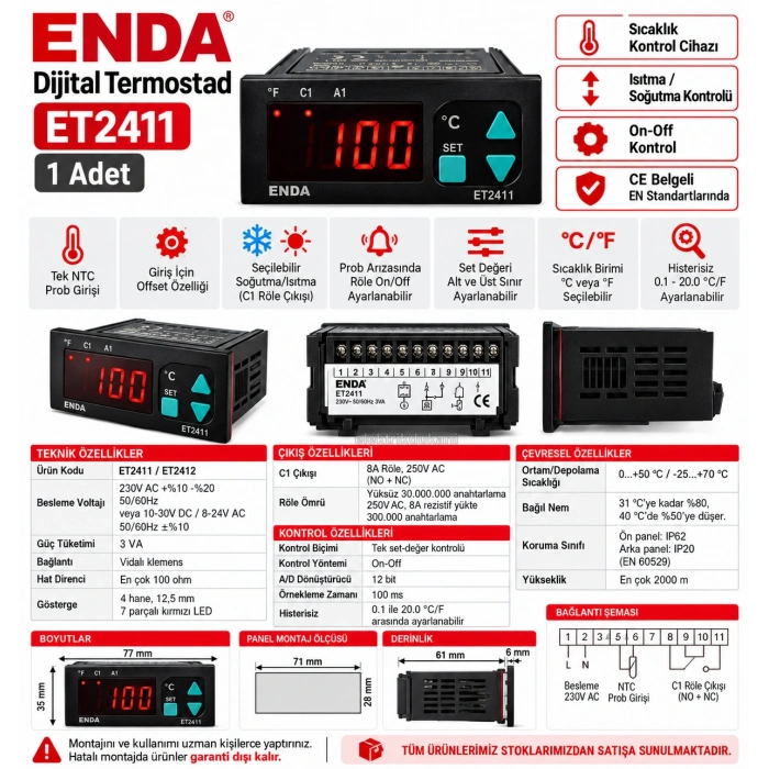 ENDA -60...+150 Derece Dijital Termostad 1No-1Nc Kontaklı 220 Volt (NTC Prop Uyumu Prop Dahil Değil)