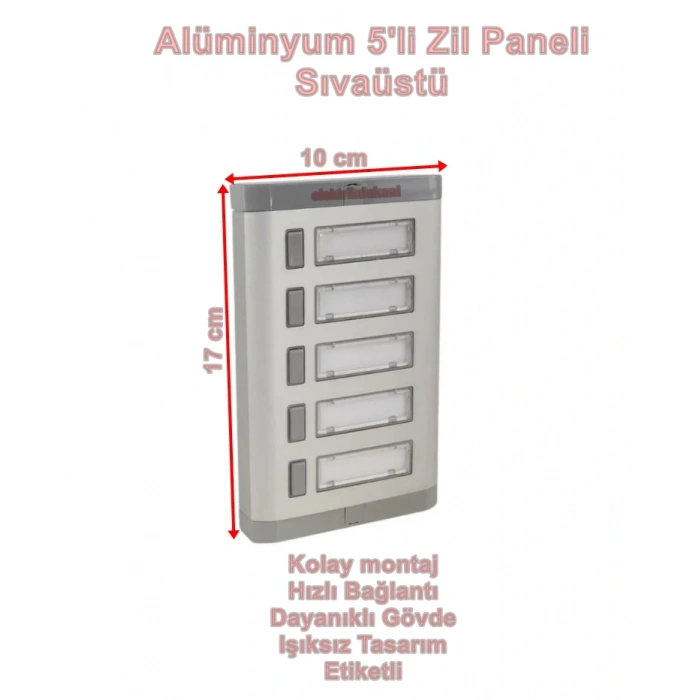 ENDER Işıksız 5li Etiketli Alüminyum Zil Paneli 5 Butonlu