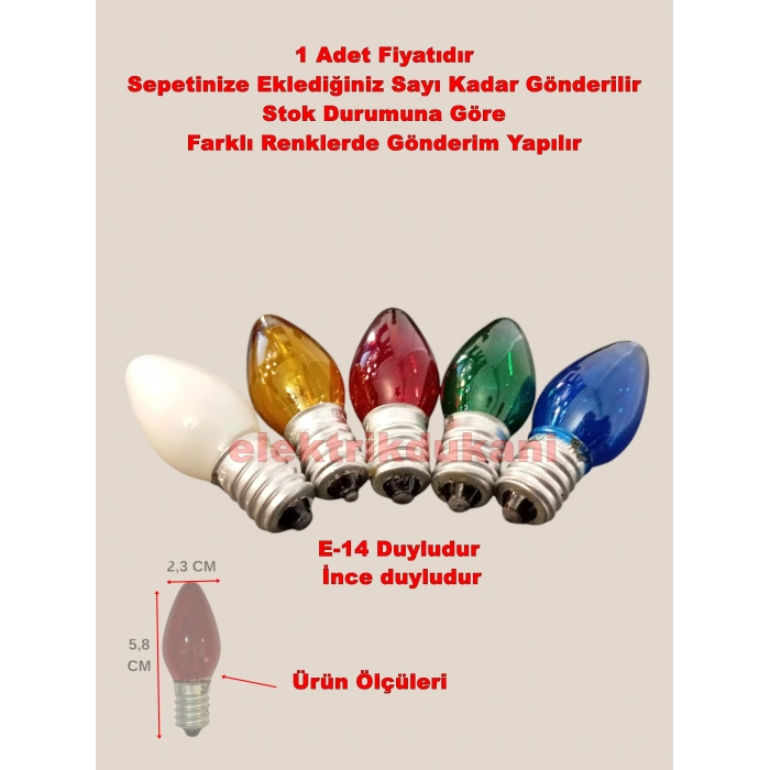 ENDER E-14 İnce Duylu RENKLİ Gece Lambası Abajur Ampulü 7w 220v (Parfüm Ampul)