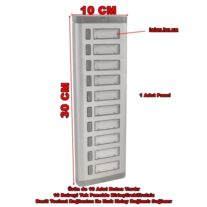 ENDER Işıksız 10lu Etiketli Alüminyum Zil Paneli 10 Butonlu