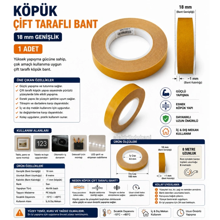 ENDER Köpük Çift Taraflı Bant 18mm 8mt (Genişlik 1.8cm / Uzunluk 800cm 8 Metre)