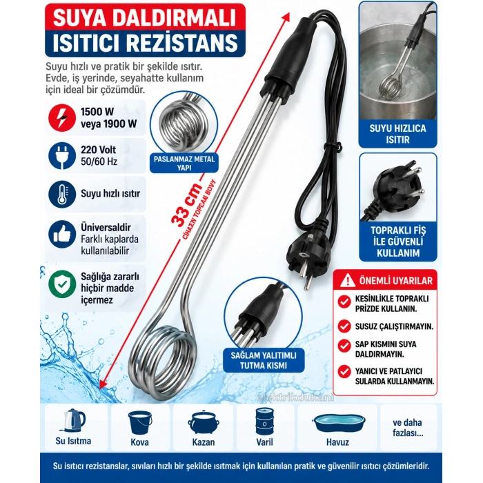 ENDER Kromajlı Daldırma Su Isıtıcısı 1500W  Topraklı (Kaliteli)