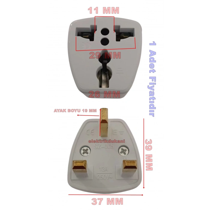 ENDER Türk Fişini - İngiliz Fişine Çevirecek Erkek Adaptör (İngiliz Prizini Türk Prizine Çevirme Aparatı Universal Fiş)