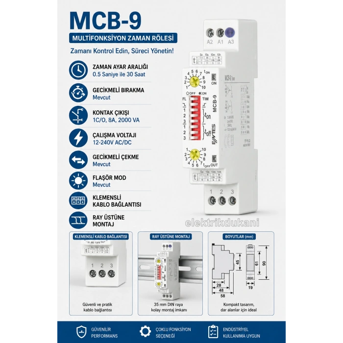 ENTES MCB-9 Çift Zaman Ayarlı Role Çalışma Ve Bekleme Süresi 1 San. den 30 Saate Kadar Ayarlanabilir