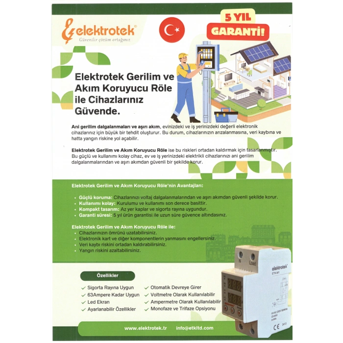 ETK 1x63A Monofaze Gerilim ve Akım Koruma Rolesi Şebeke Giriş Voltaj Denetleyici
