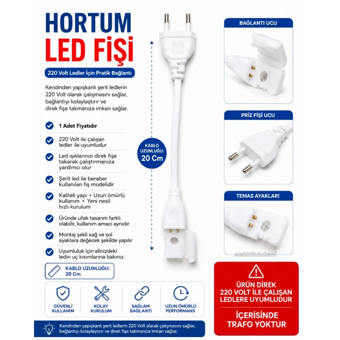 Fişli Şerit Led Elektrik Enerji Alma Soketi 10 Çip 220v