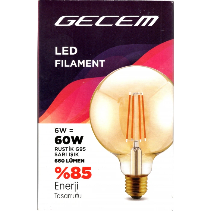 GECEM G95 AMBER 6w E-27 Fılament Rustik Led Ampul 2700K (BALON) 660lm