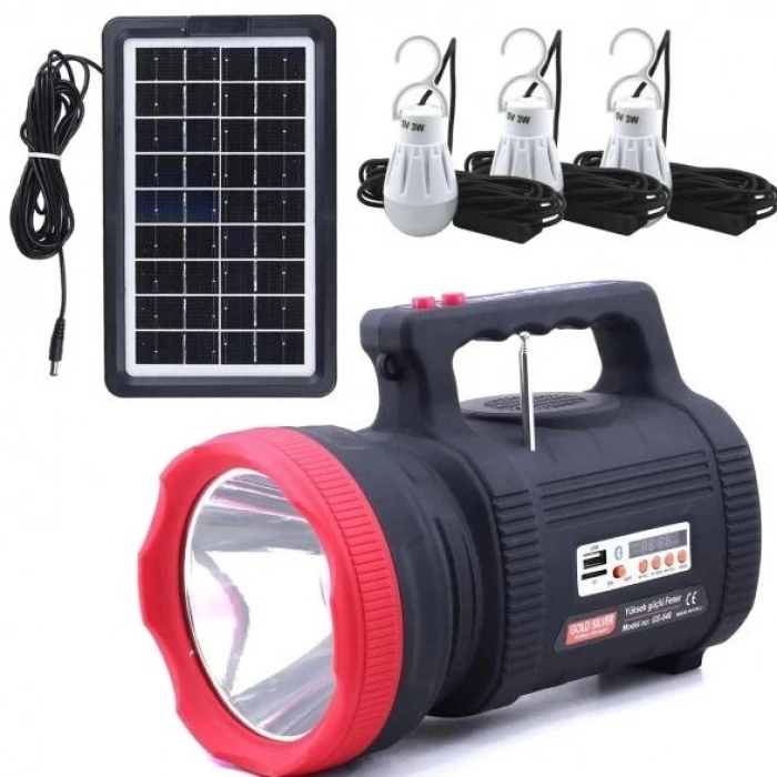 GOLD SILVER 20W Güneş Enerjili Ana Kasa +3 Ampul Fm Radyo Bluetooth ve USB Solar Şarjlı