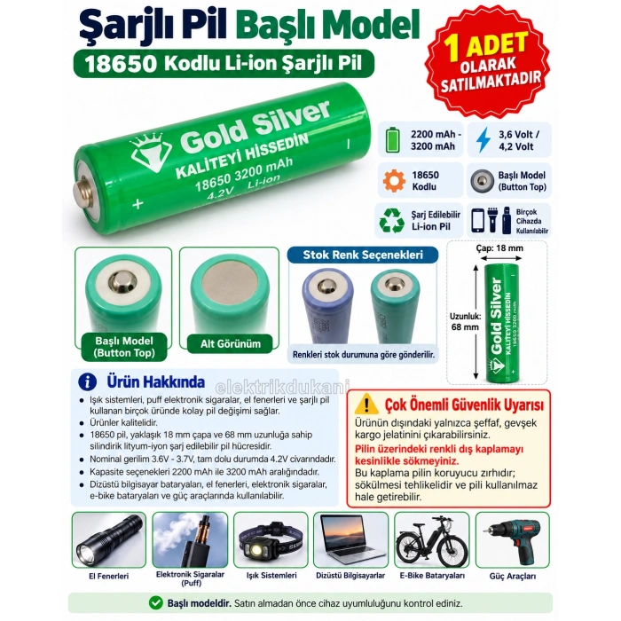 GOLD Silver Şarjlı Pil 3.7v Başlı 18650 3200 mAh Lİ-ON (4.2v - 3.7v Şarjlı Fener Pili)