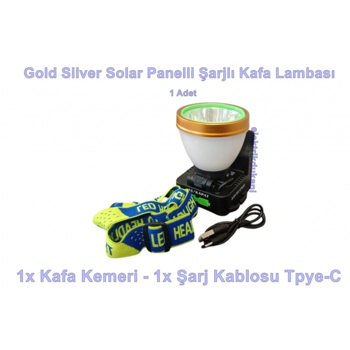 GOLD SILVER Solar Panelli Güneş Enerjili 60 Watt TYP-C Şarjlı Kafa Lambası + Ortam Aydınlatma IP20
